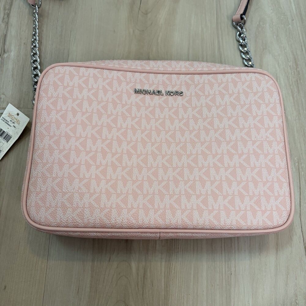 Michael Kors Jet Set Zip Crossbody Handbag Pink Signature MK Logo Silver Chain